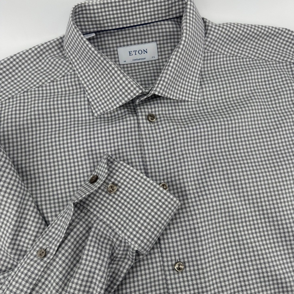 Eton Contemporary Fit Houndstooth Dress Shirt Mens 17.5 44 Grey White Cotton